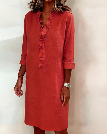 Leinenmischgewebe Kleid mit Volant und geradem Schnitt