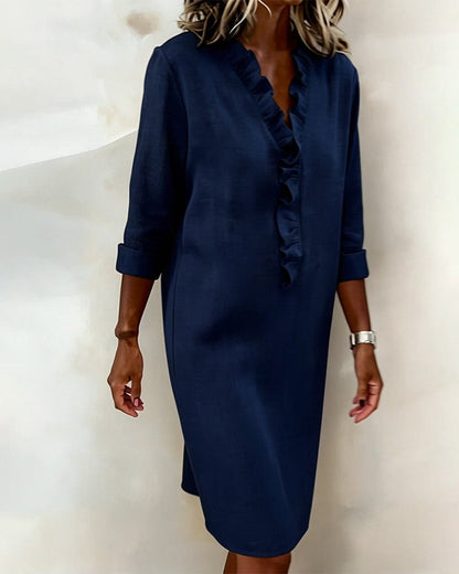 Leinenmischgewebe Kleid mit Volant und geradem Schnitt