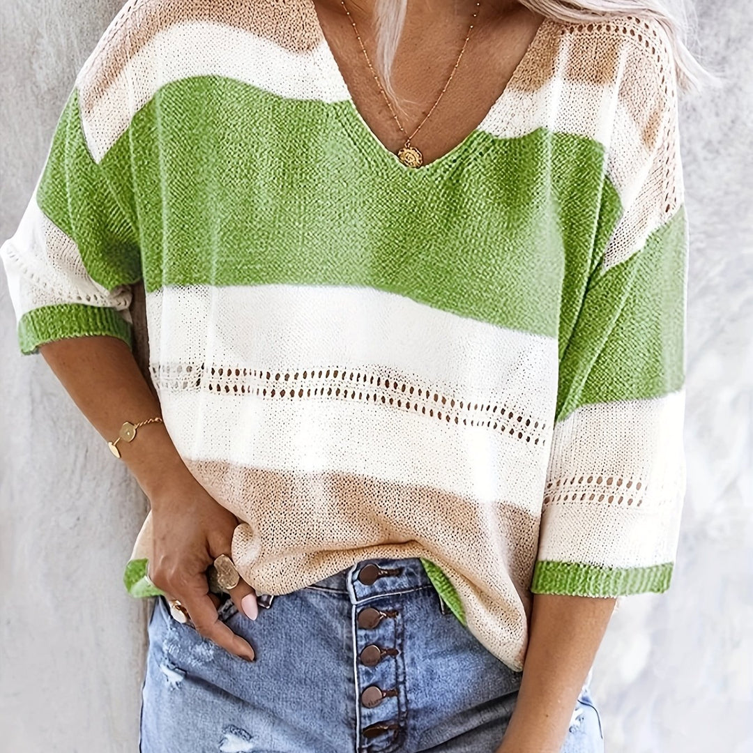 Gestreifter Kurzarm Cardigan mit V-Ausschnitt für Damen