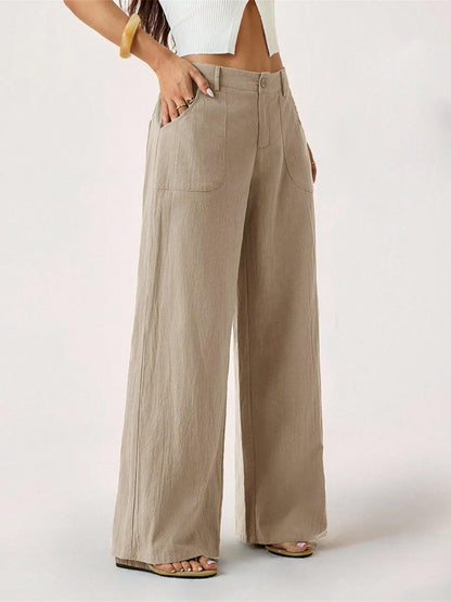 Hose mit weitem Bein aus Baumwoll-Leinen-Mischung, hohe Taille