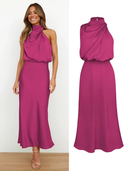 Damen Satin Midikleid mit asymmetrischem Ausschnitt