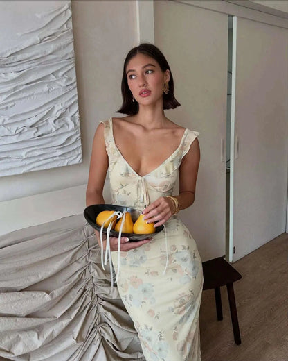 Florales Maxikleid mit tiefem V-Ausschnitt und offenem Rücken Sommerkleid