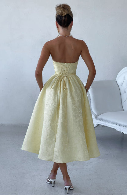 Blumiges Jacquard-Trägerloses Midikleid Zitrone