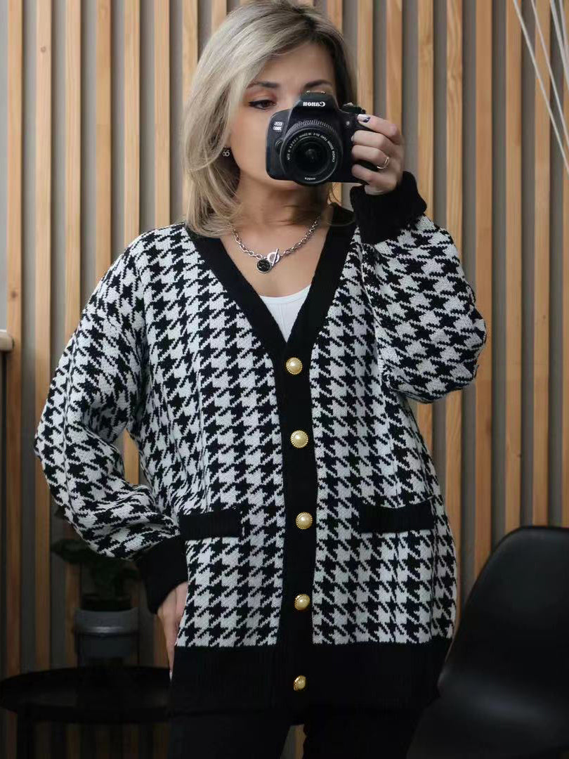 Damen Strickjacke Mit Karomuster Und V-Ausschnitt