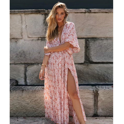 Puderrosa Boho Maxi-Kleid mit Schlitz