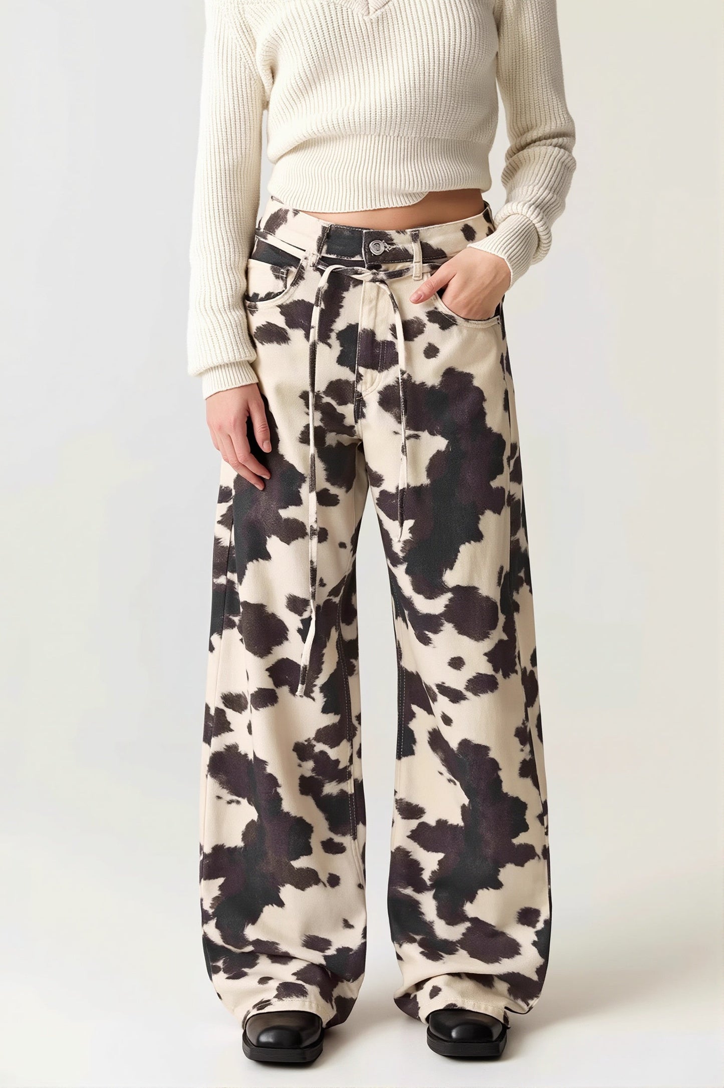 Damen Straight Leg Jeans Mit Kuhmuster Hoher Taille