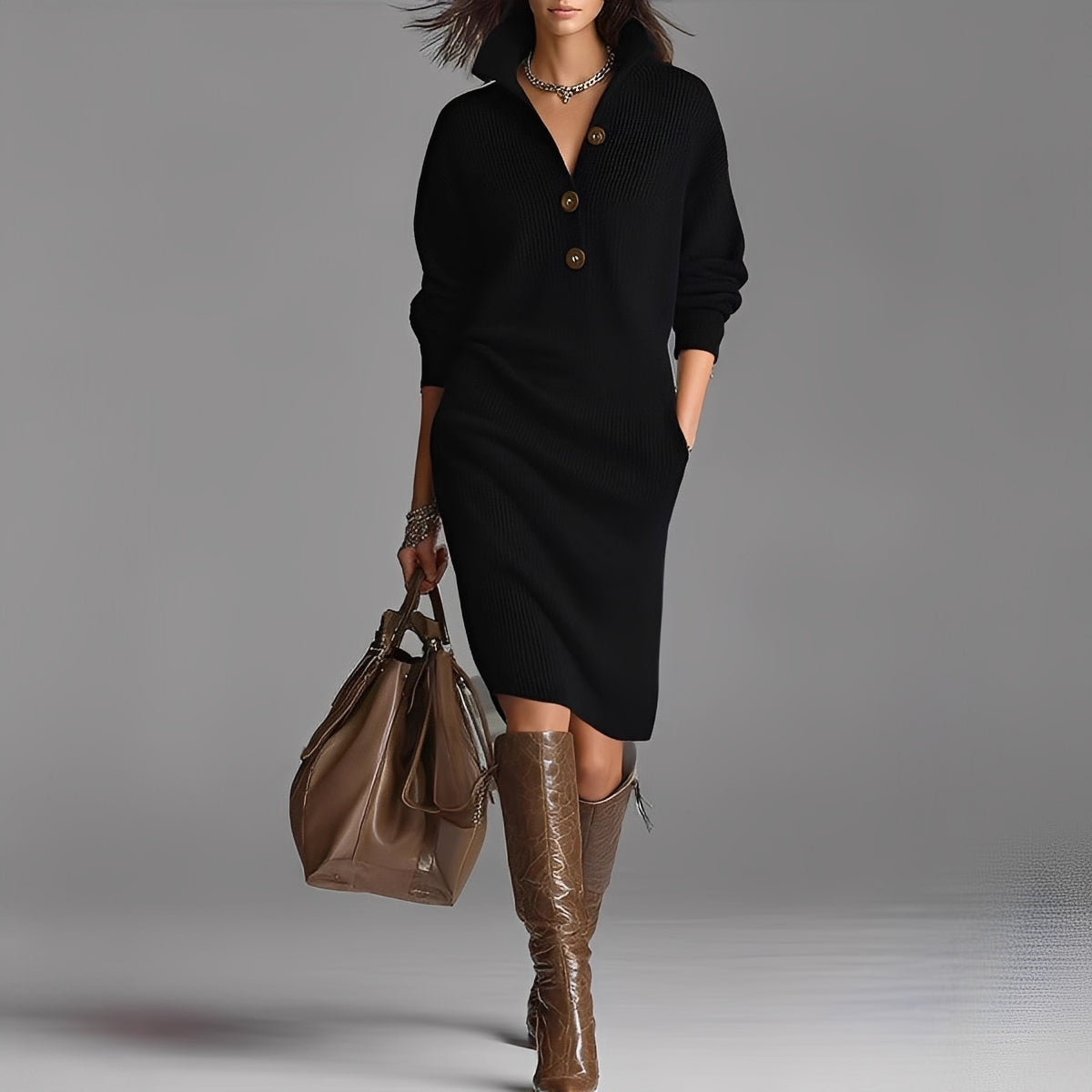 Damen Strickkleid mit Knopfleiste und Kragen