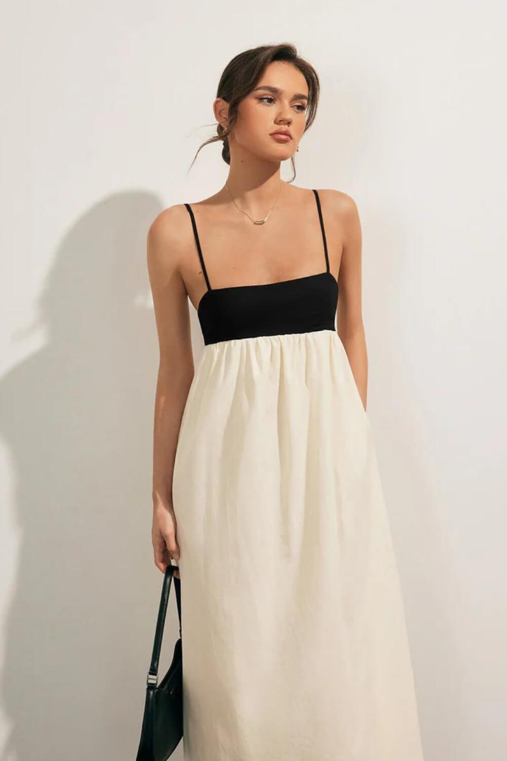 Midikleid aus Leinen-Baumwoll-Mischung für Damen, Schwarz und Weiß