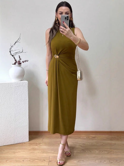 Maxikleid mit Schlitz, Poly-Mischgewebe, Olivfarben