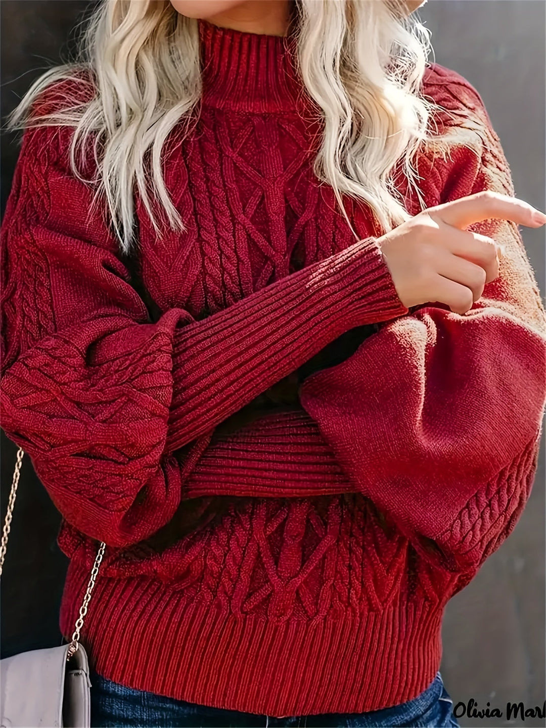 Damen Strickpullover Mit Zopfmuster Und Hohem Kragen