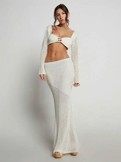 Häkel-Zweiteiler Maxirock-Set mit Cut-Out-Top und rückenfreiem Design
