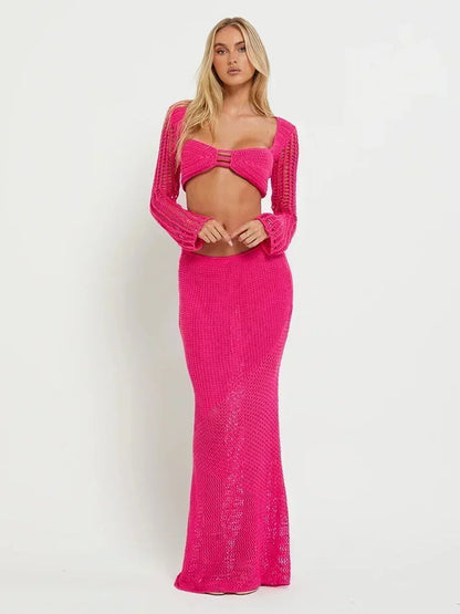 Häkel-Zweiteiler Maxirock-Set mit Cut-Out-Top und rückenfreiem Design