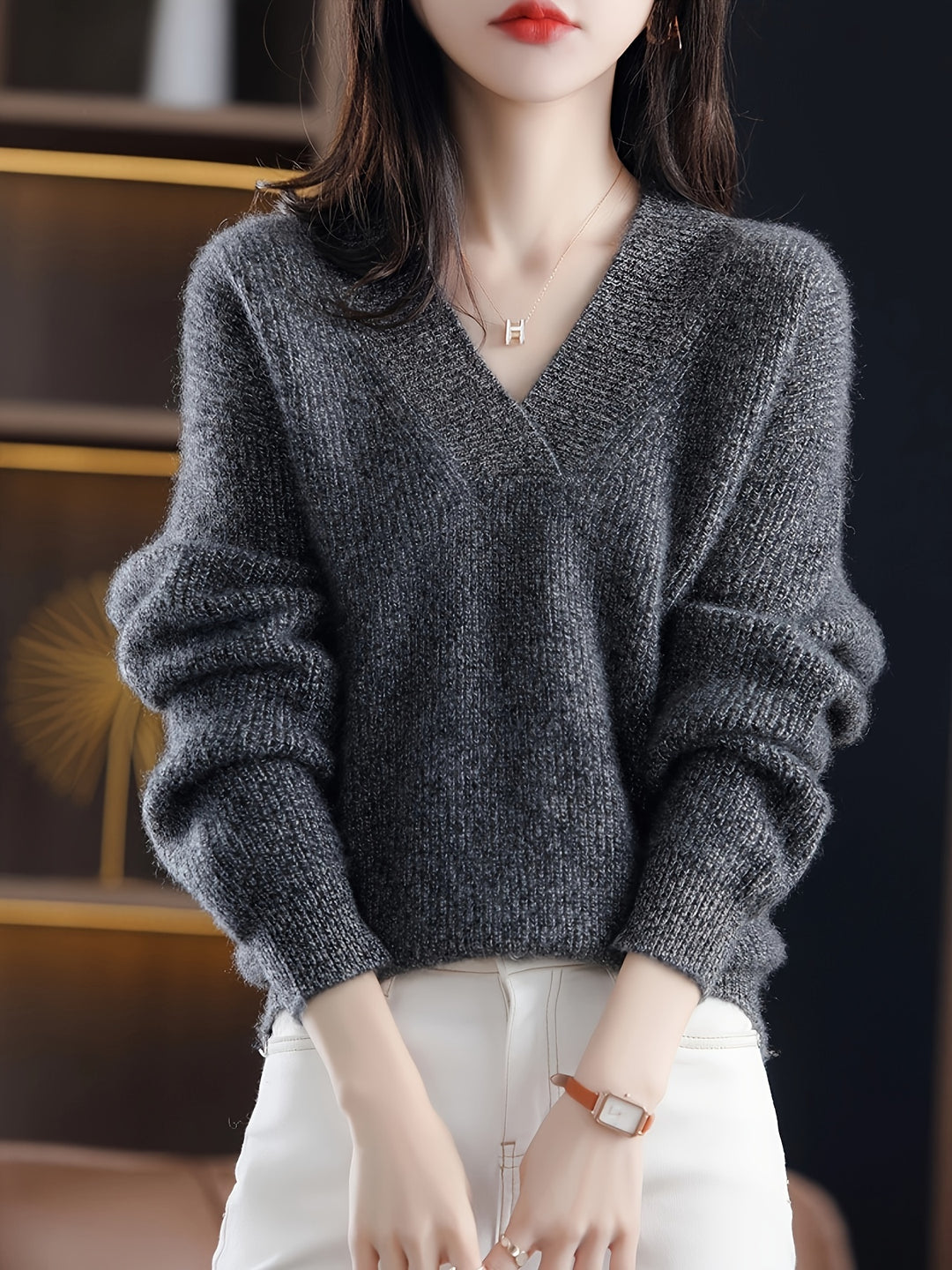 Locker geschnittener V-Ausschnitt Pullover für Damen