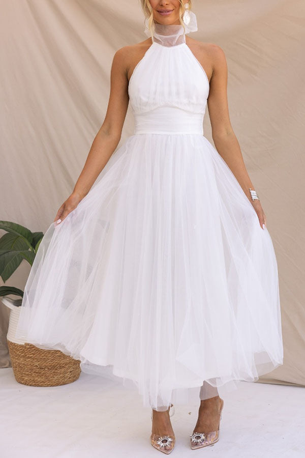 Maxikleid mit gerafftem Tüll-Halfterdetail