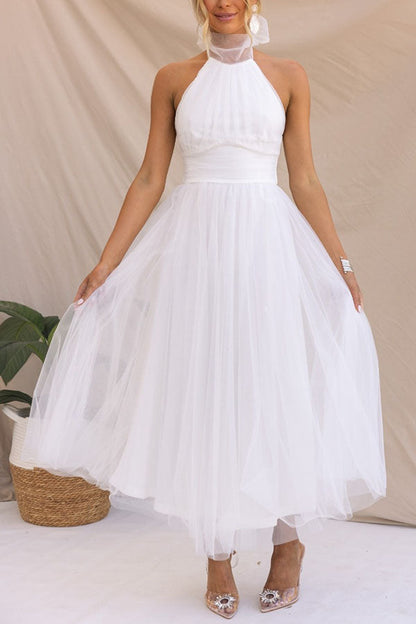 Maxikleid mit gerafftem Tüll-Halfterdetail