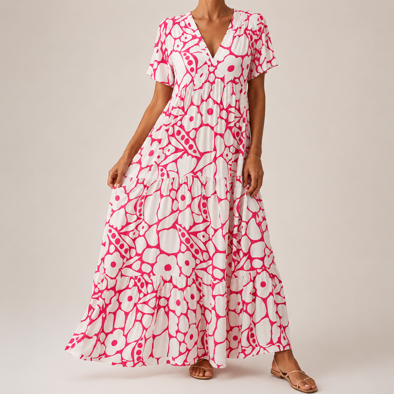Maxikleid mit Blumenmuster, atmungsaktiv und gestuft