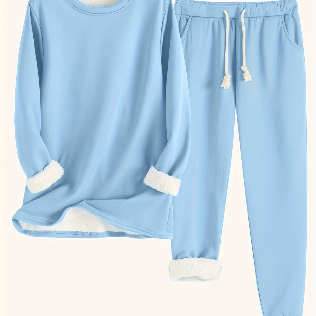 Zweiteiliges Fleece-Set mit Rundhalsausschnitt und Hose für Damen