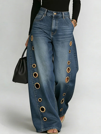 Damen High-Waist Locker Sitzende Weitbein Freizeithose Jeans