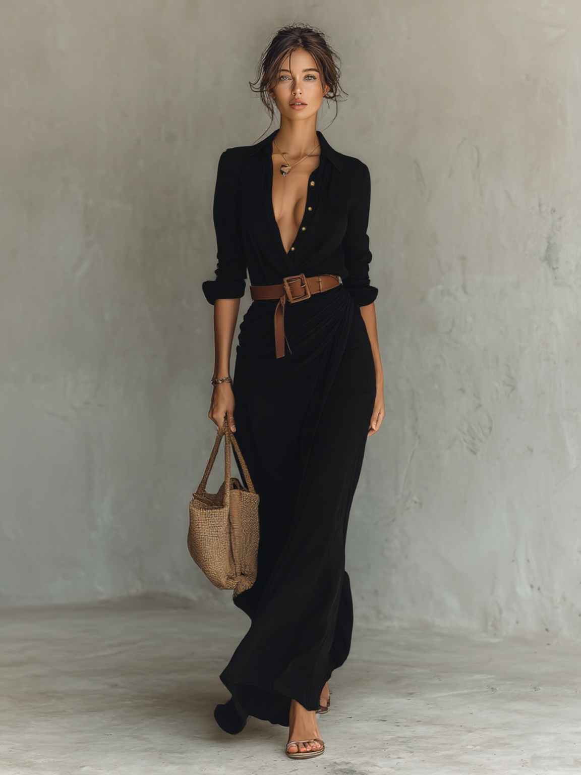 Damen Maxikleid Mit Gürtel Und Fließendem Schnitt
