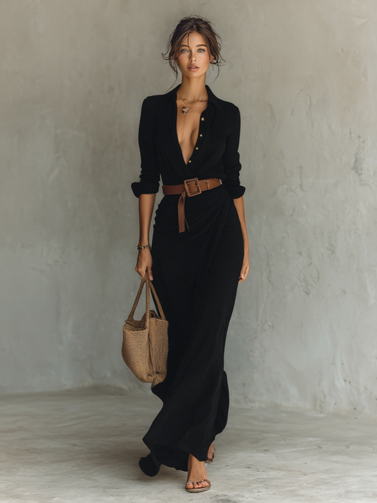 Damen Maxikleid Mit Gürtel Und Fließendem Schnitt