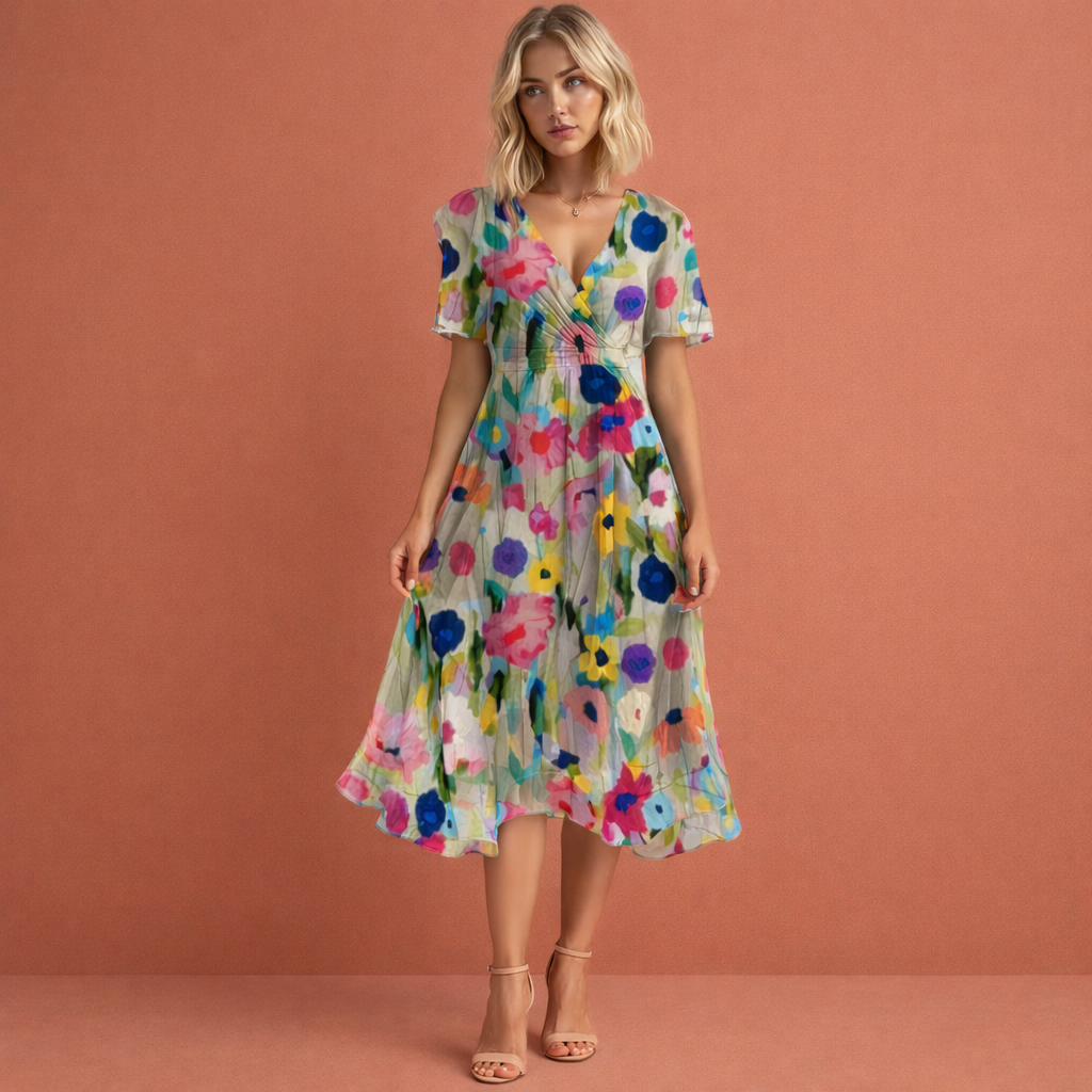 Midi-Kleid mit kurzem Ärmel und Blumenmuster für Damen
