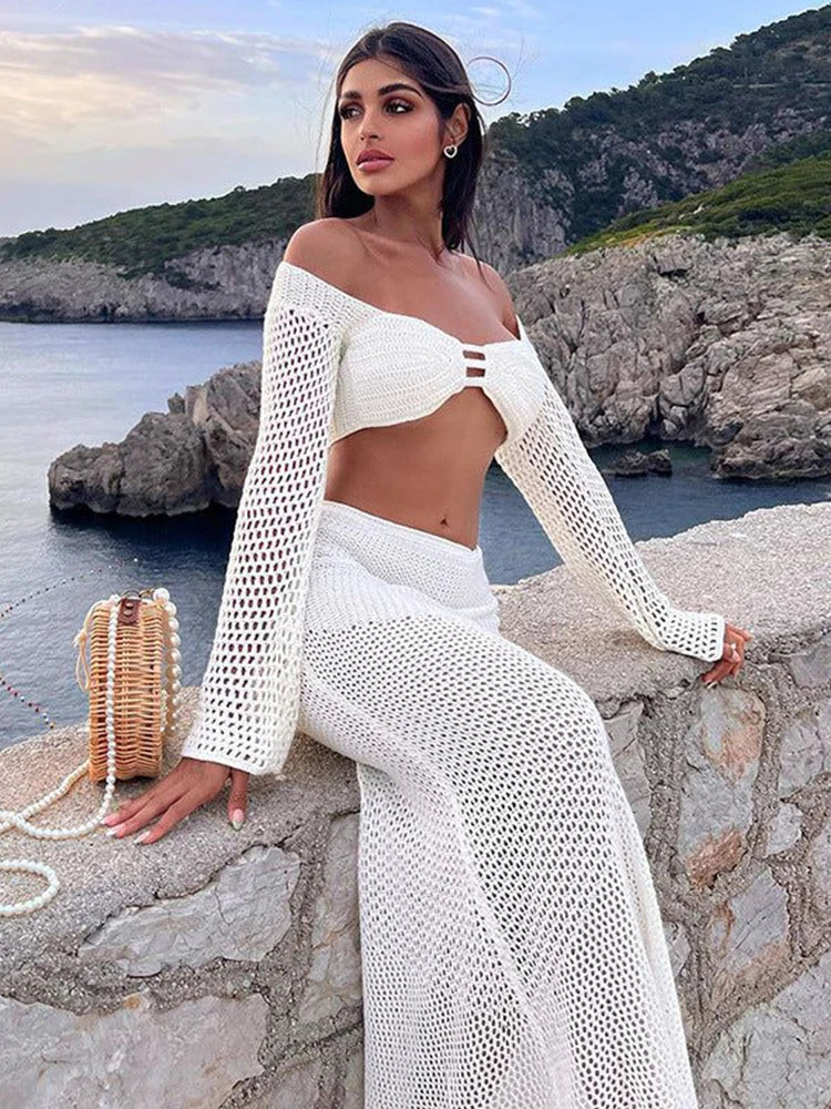 Häkel-Zweiteiler Maxirock-Set mit Cut-Out-Top und rückenfreiem Design