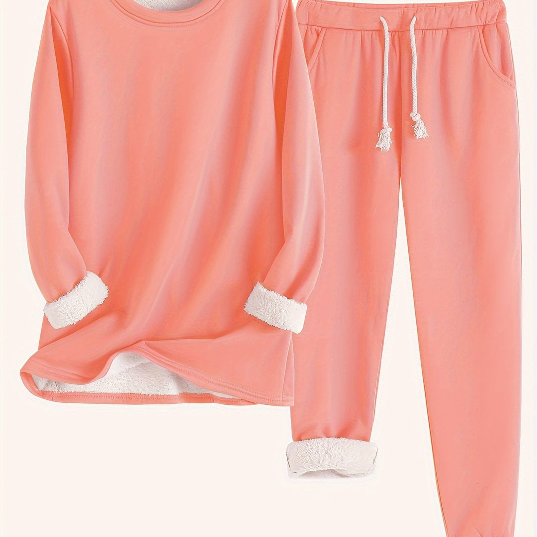 Zweiteiliges Fleece-Set mit Rundhalsausschnitt und Hose für Damen
