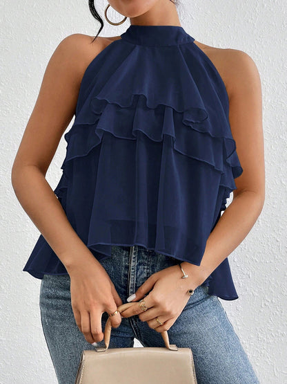 Damenoberteil aus Chiffon mit Volants und modernem Neckholder