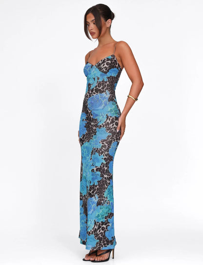 Floral bedrucktes Bodycon-Maxikleid Blau
