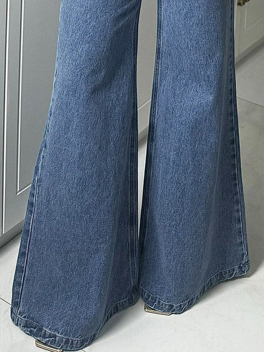 Damen High Waist Jeanshose Mit Weitem Bein Und Knopfleiste