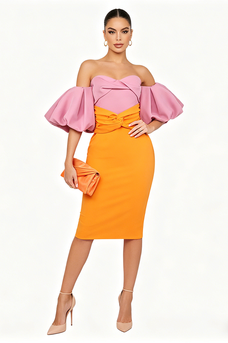 Midi-Kleid mit Puffärmeln in Farbblock Pink Orange