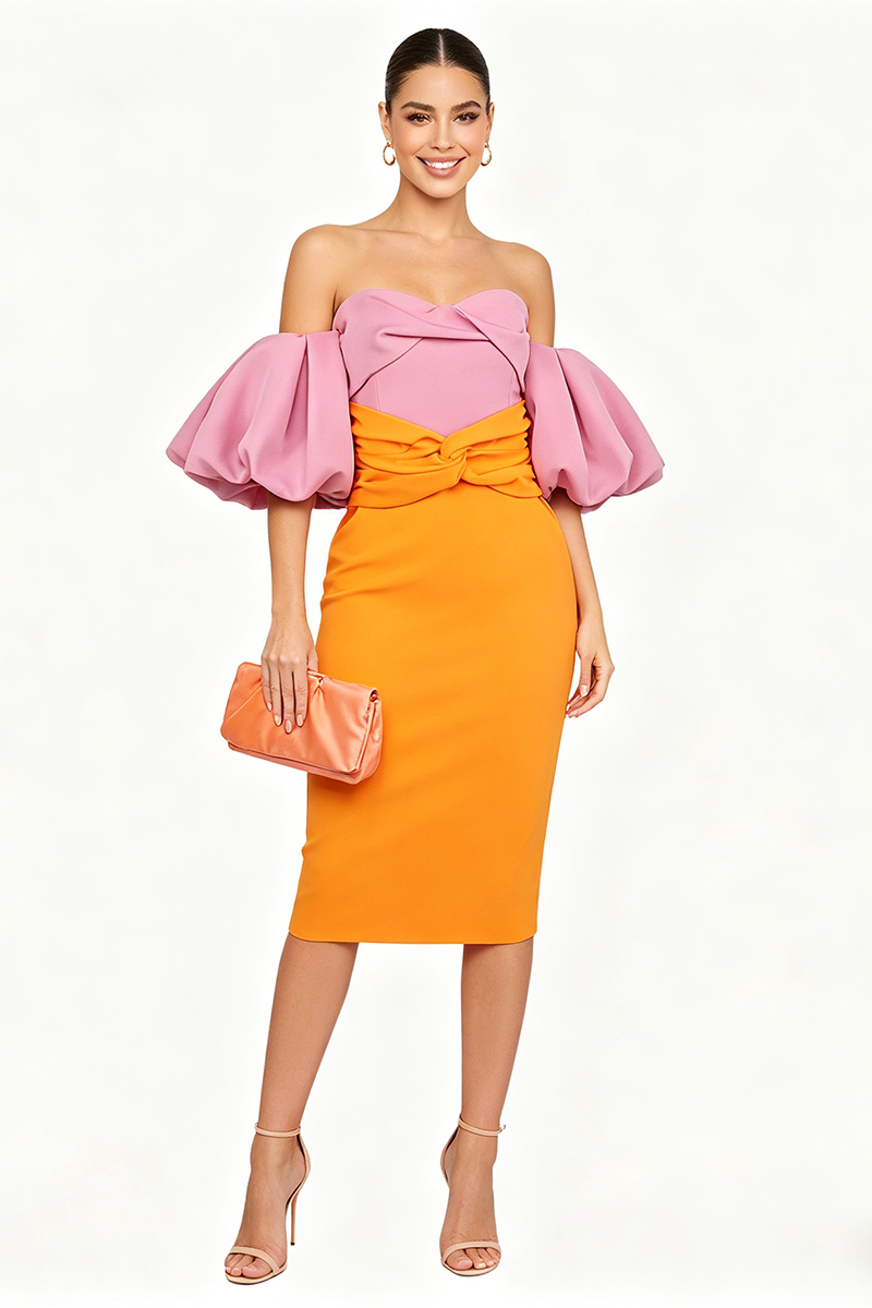 Midi-Kleid mit Puffärmeln in Farbblock Pink Orange