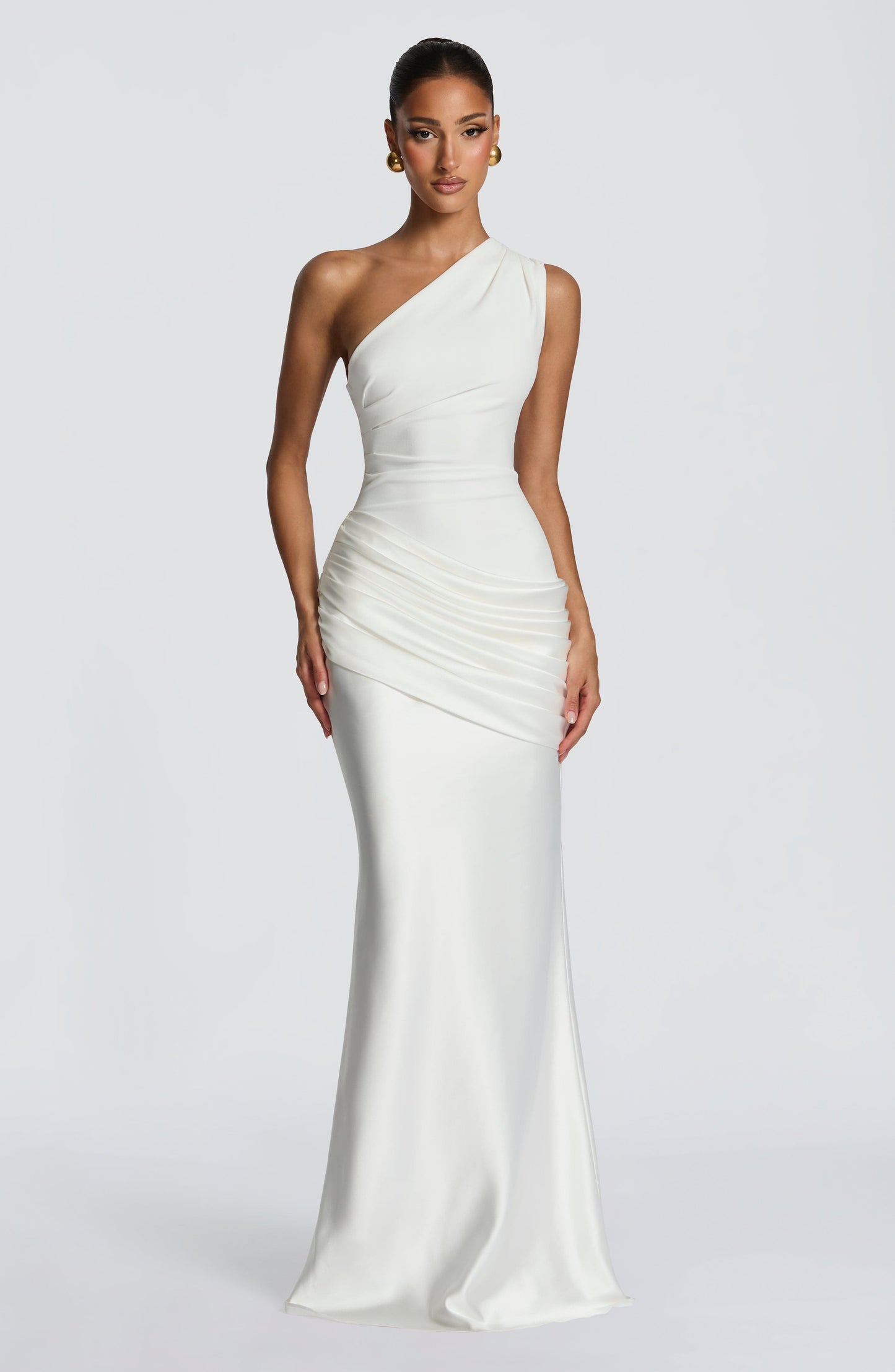 Ein-Schulter Crepe Satin Maxikleid Damen