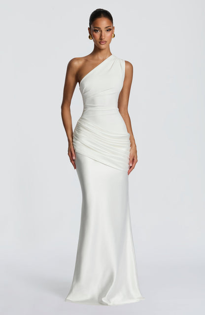 Ein-Schulter Crepe Satin Maxikleid Damen