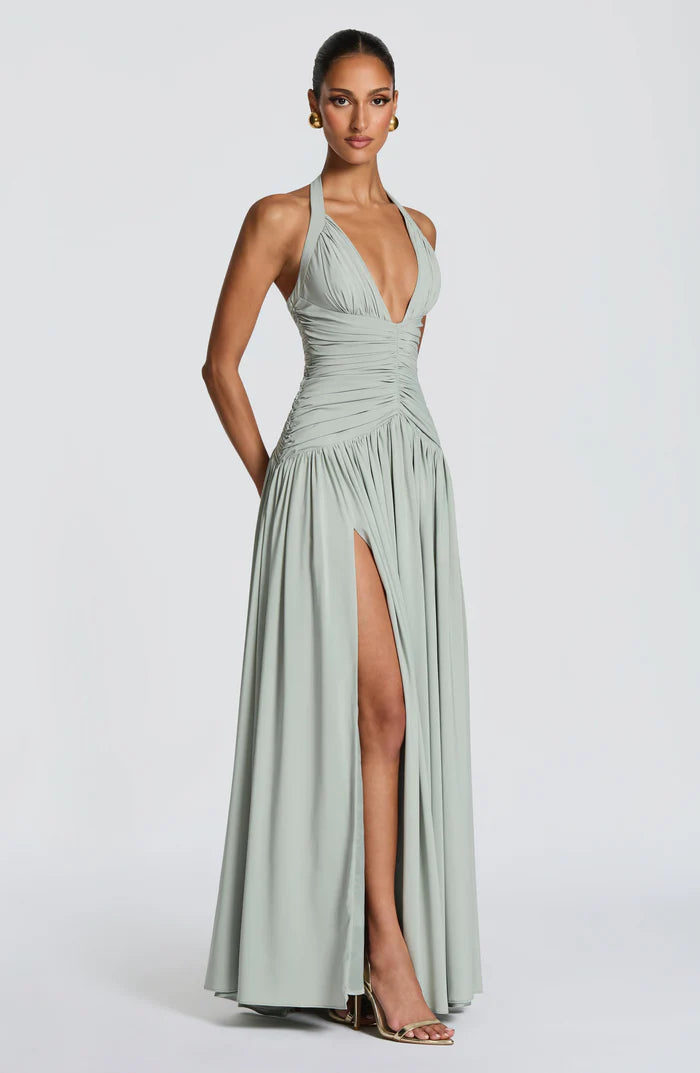 Fließendes Ärmelloses Maxikleid Marineblau Salbei Gelb