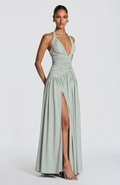 Fließendes Ärmelloses Maxikleid Marineblau Salbei Gelb