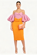 Midi-Kleid mit Puffärmeln in Farbblock Pink Orange