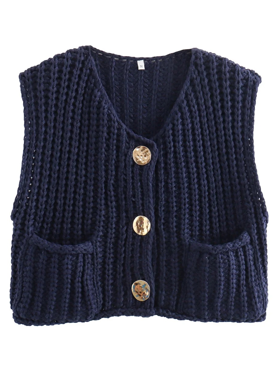 Damen Strickweste Ärmellos Mit Knöpfen Und Taschen