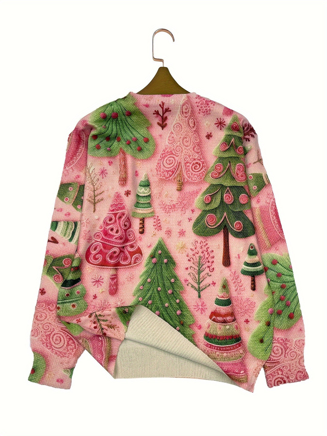 Weihnachtspullover mit Tannenbaum-Print in Rosa und Grün für Damen