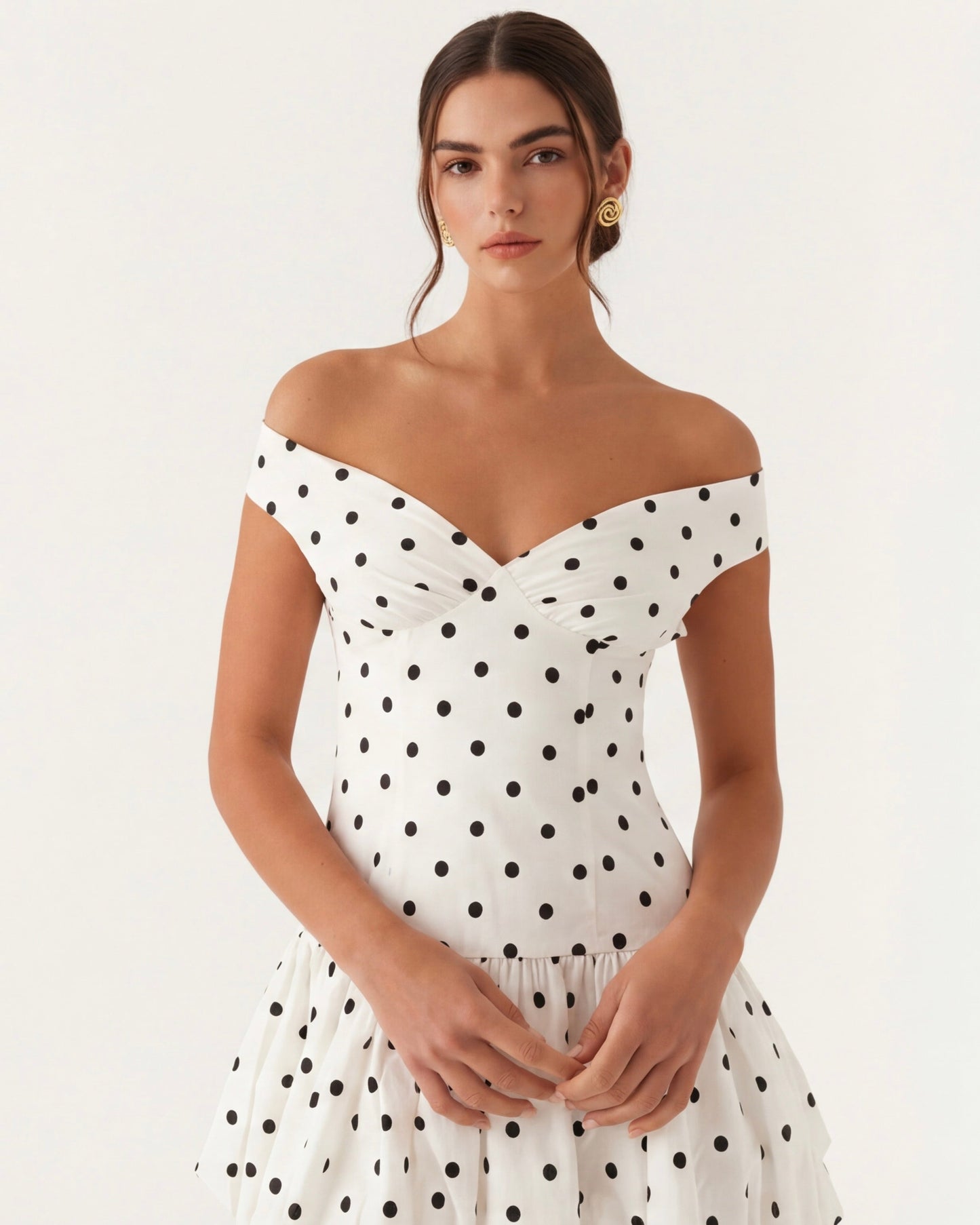 Schulterfreies Mini-Kleid aus Baumwolle mit gerafften Details und Polka-Dots in Weiß