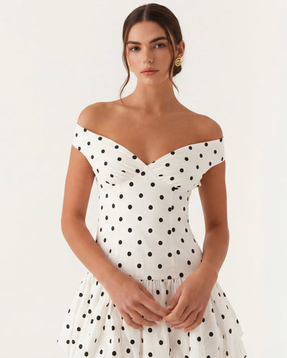 Schulterfreies Mini-Kleid aus Baumwolle mit gerafften Details und Polka-Dots in Weiß