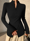 Damen Asymmetrischer Strickpullover Mit V-Ausschnitt Und Knopfleiste