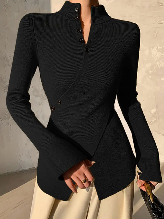 Damen Asymmetrischer Strickpullover Mit V-Ausschnitt Und Knopfleiste