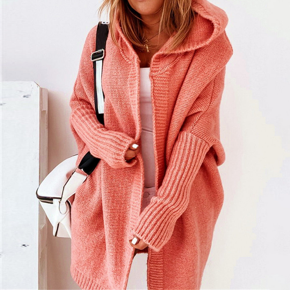 Damen Lange Strickweste Mit Kapuze Im Eleganten Design