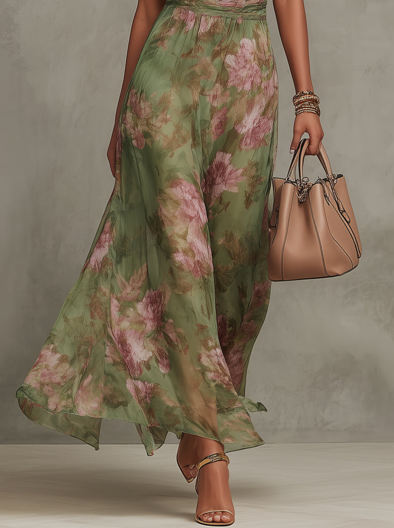Grünes Blumenmuster Chiffon Maxikleid mit Neckholder-Ausschnitt