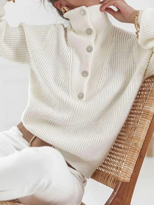 Damen Strickpullover Mit Stehkragen Und Knopfleiste