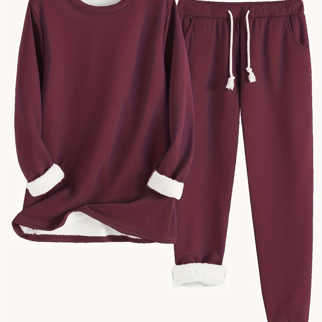 Zweiteiliges Fleece-Set mit Rundhalsausschnitt und Hose für Damen