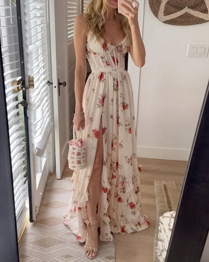 Damen Maxikleid Mit Blumenprint Und Seitenschlitz