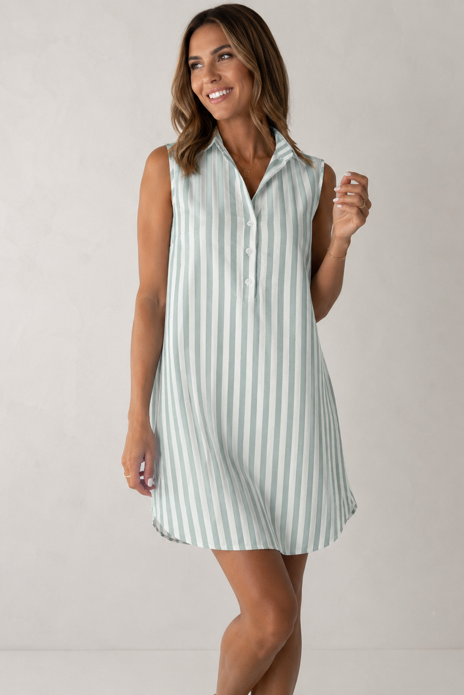 Baumwollgestreiftes, ärmelloses A-Linien-Kleid