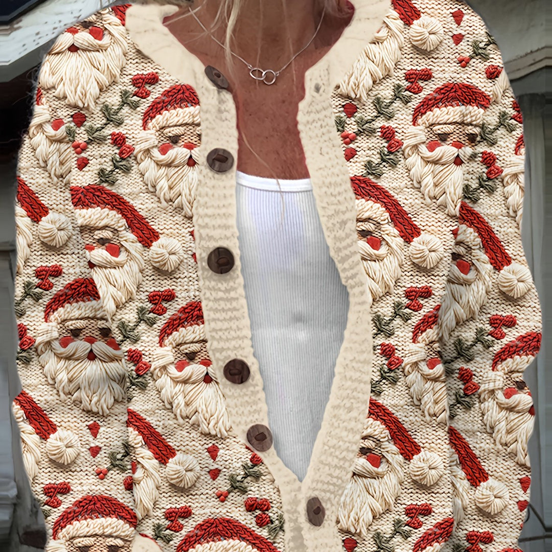 Weihnachtsstrickjacke mit Santa-Motiv und Knopfleiste für Damen